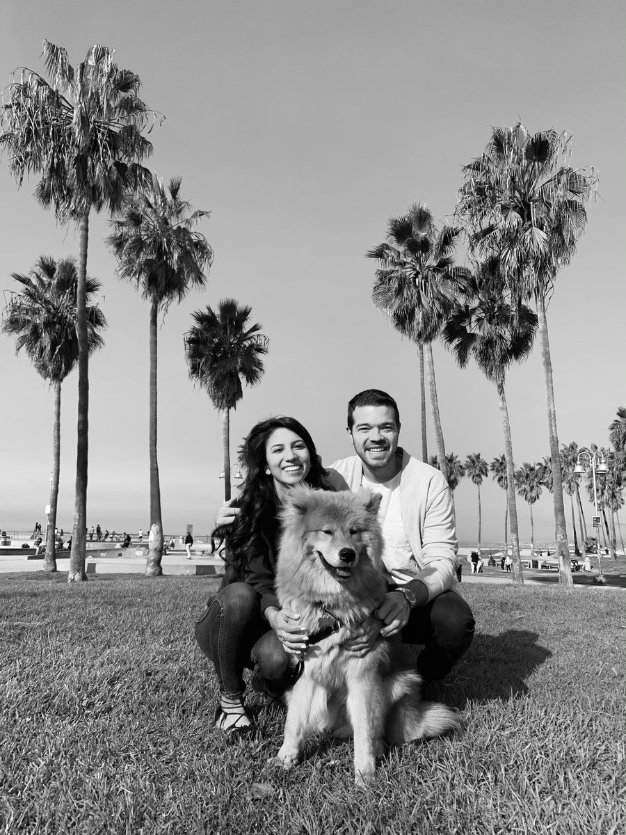 Nick, his wife and their dog under palm trees in Santa Monica