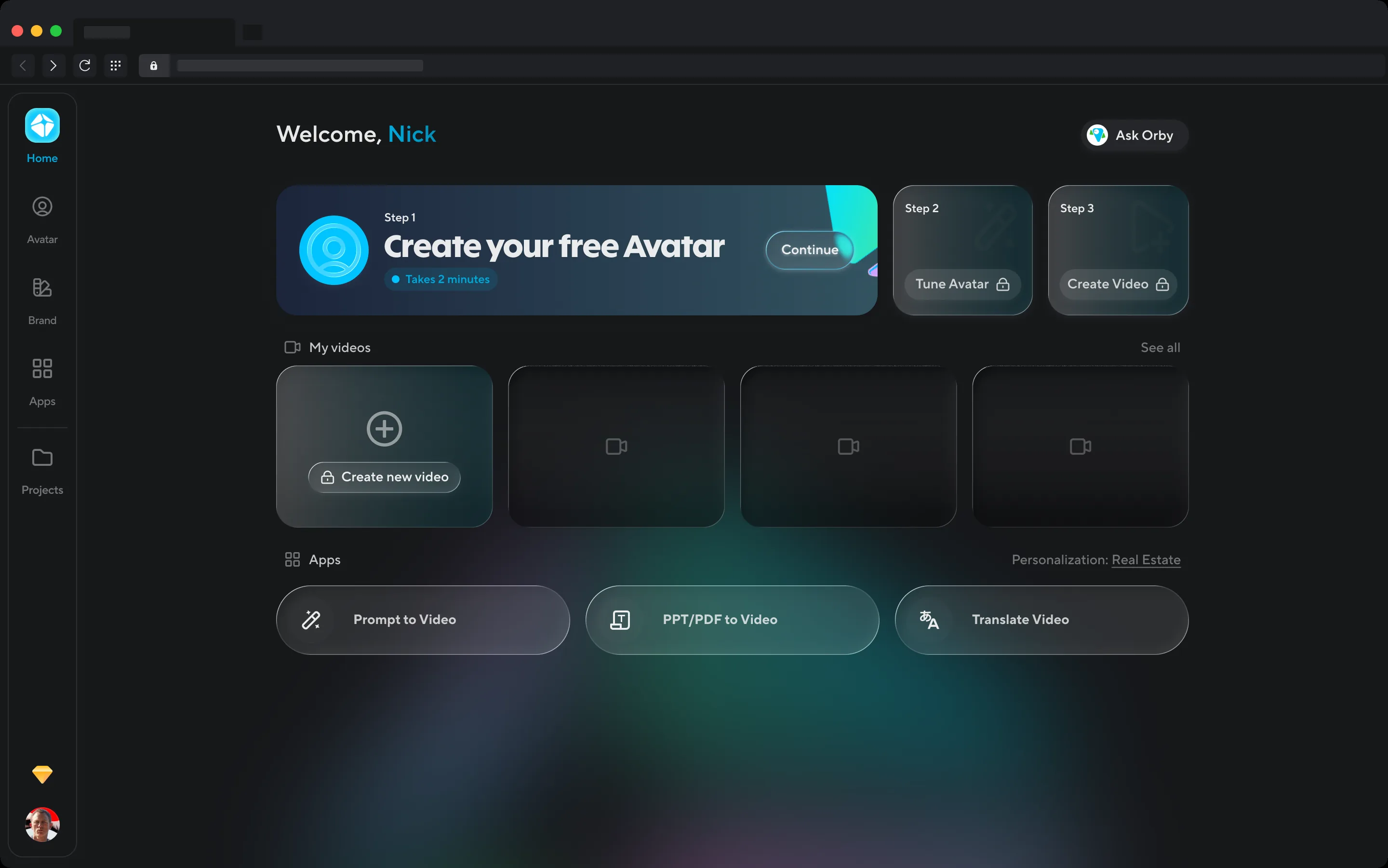 Home during step 1: the banner asks you to create your free avatar; steps 2 and 3 are locked, and the Create tile is latent