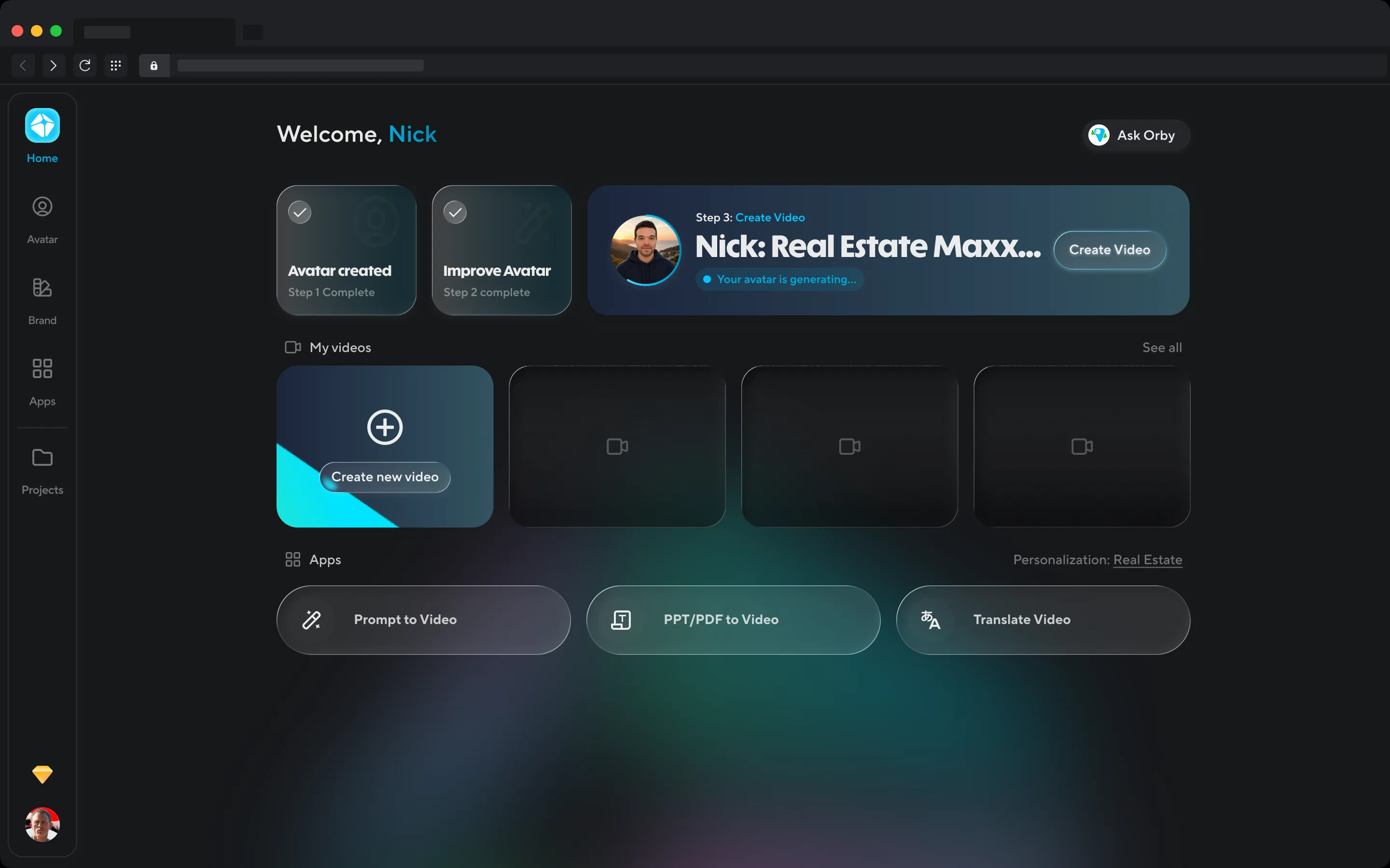 Home during step 3: motion is done, the banner asks you to create your first video, and the Create tile unlocks with the pyramid
