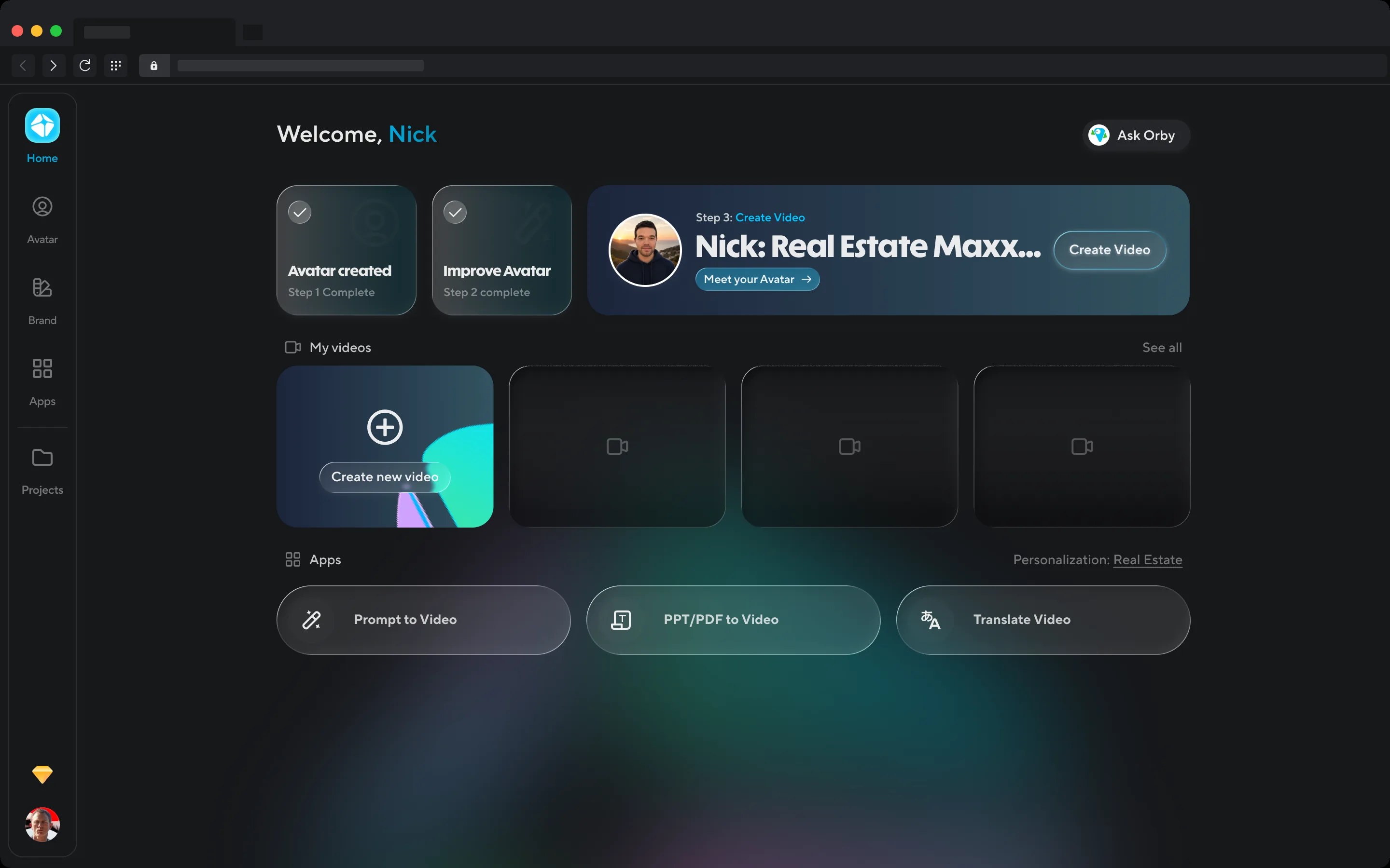 Home during step 3 with a Meet your Avatar preview pill beside Create Video
