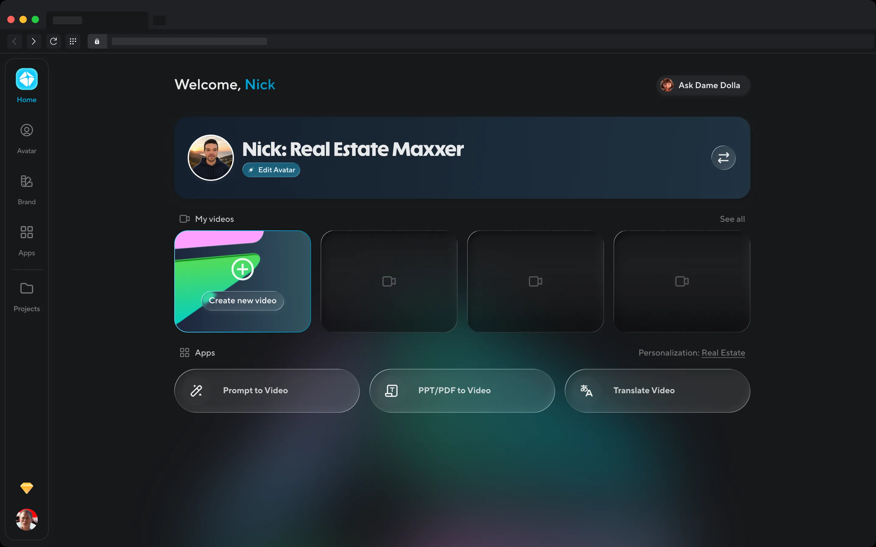 Home in steady state: your avatar’s name with an Edit Avatar pill, the Create tile with the pyramid, and empty recents