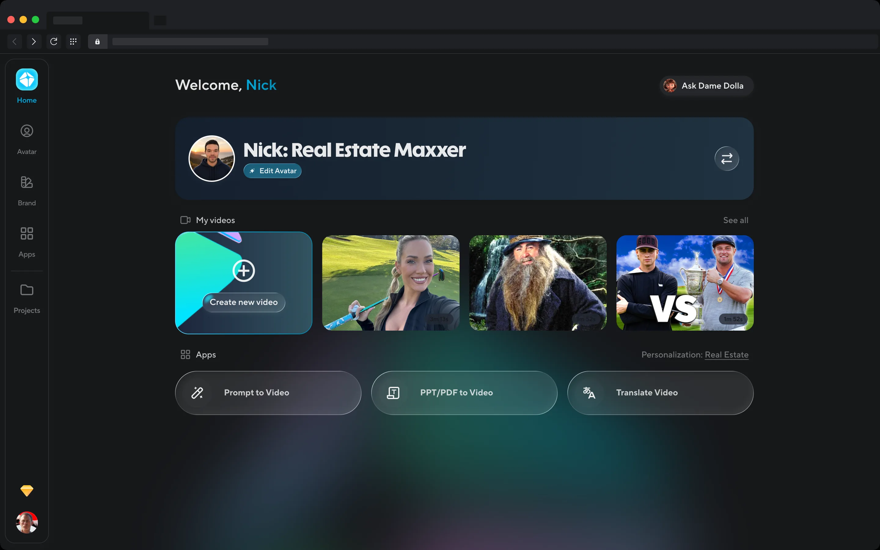 Home in steady state with three recent videos beside the Create tile