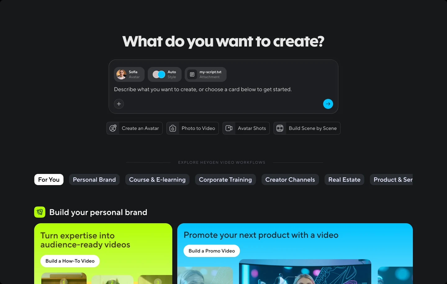 Home V1: a large prompt box under the heading What do you want to create?, with workflow tabs and cards below