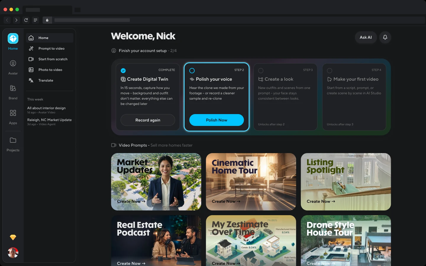 Home V2: a four-step account setup checklist with step two highlighted, above a grid of video prompt cards