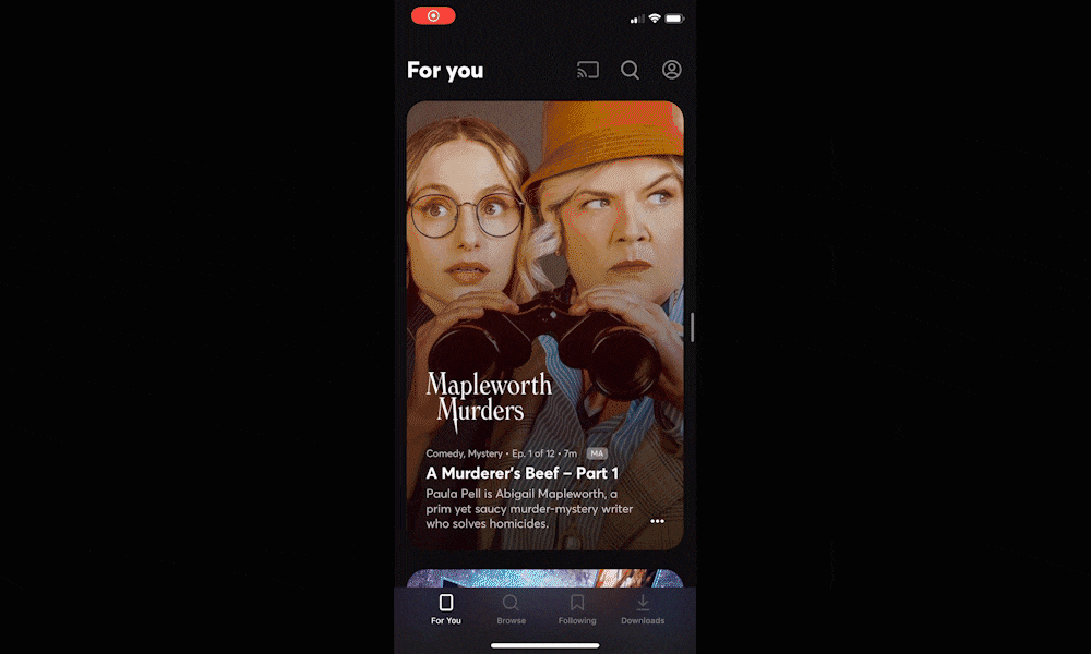 The Quibi home feed scrolling and locking onto an autoplaying clip
