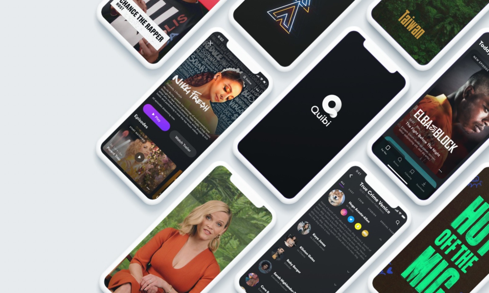 Quibi app screens on several phones