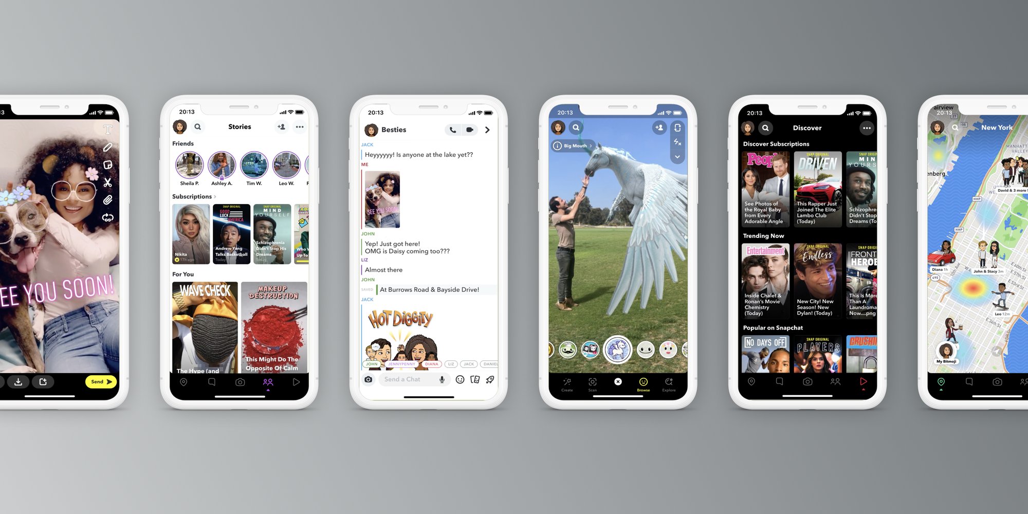 A row of iPhones showing Snapchat screens