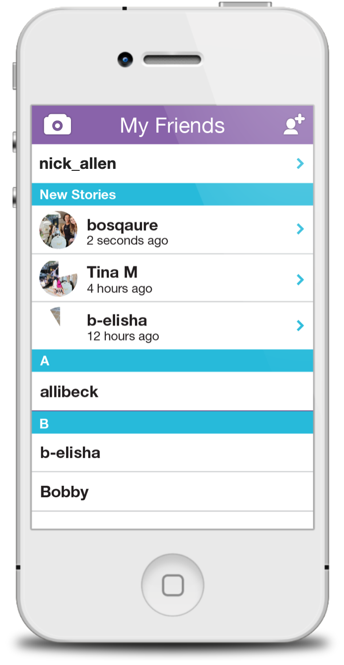 The very first version of Stories, living inside the Snapchat friends list on an iPhone 4